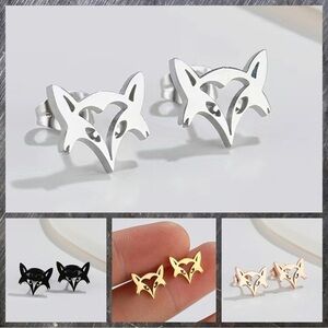 Fox Face Stainless Steel Stud Earrings #817 (Color: Silver)